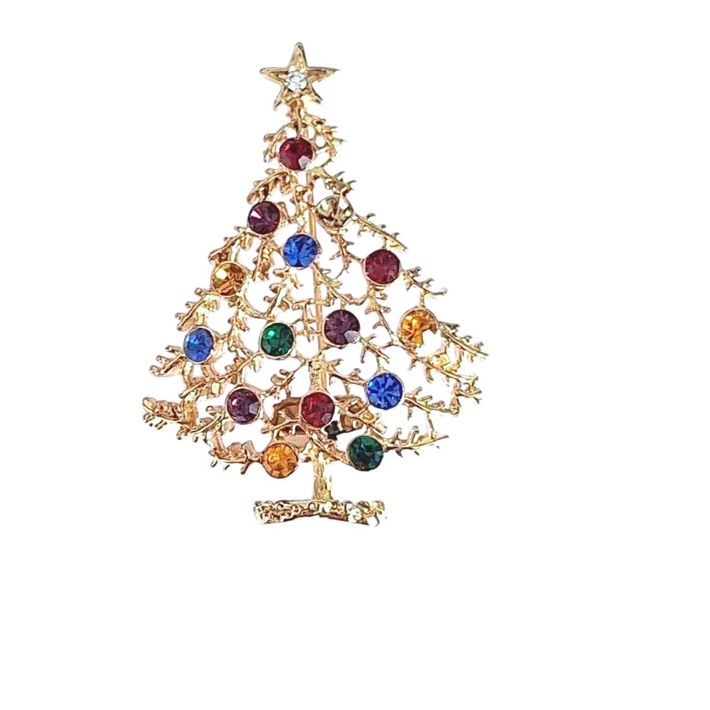 Vintage Gold Tone Eisenberg Ice Christmas Tree Brooch Multi Color Festive